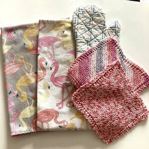 Bundle of Kitchen Linens Towels Handmade Pot Holder Oven Mitt Cotton Colorful
